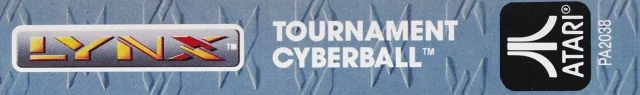 Lateral blau de la caixa amb els logotips de Lynx i Atari, el títol Tournament Cyberball i el codi PA2038.