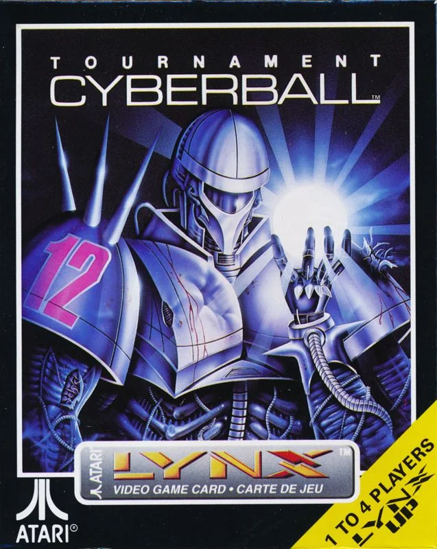 Frontal nord-americà de Tournament Cyberball per a Atari Lynx, amb un robot sostenint una esfera lluminosa.