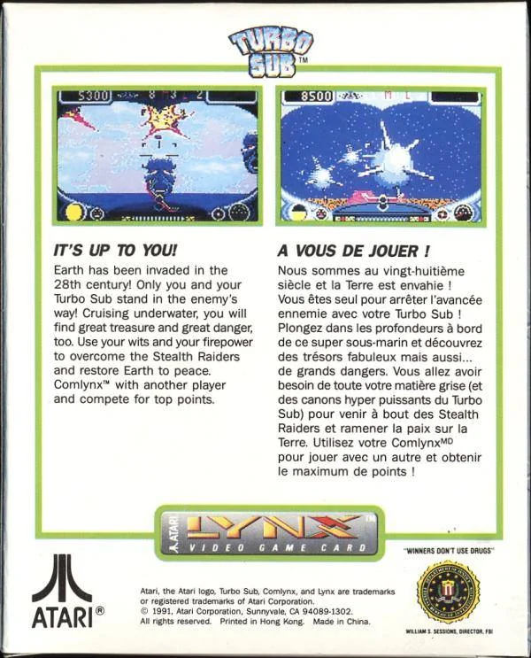 Revers de la capsa nord-americana de Turbo Sub per a Atari Lynx, amb dues captures i textos en anglès i francès.