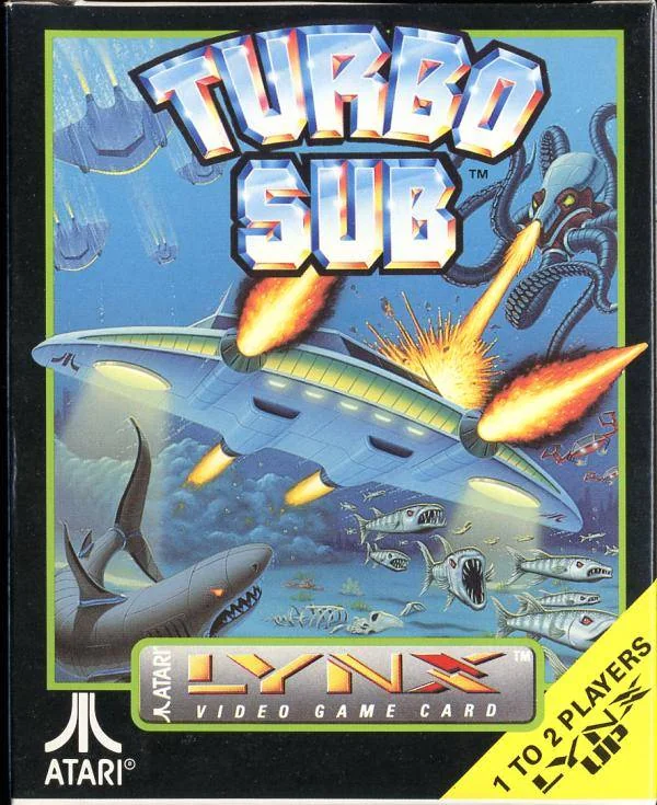 Frontal de la capsa nord-americana de Turbo Sub per a Atari Lynx, amb una nau disparant entre criatures submarines.