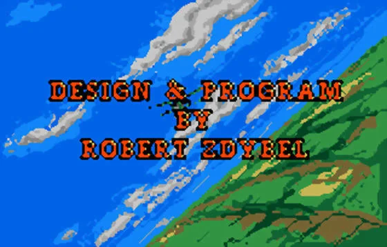 Pantalla de Warbirds que acredita Robert Zdybel en disseny i programació sobre un paisatge de cel i camps.