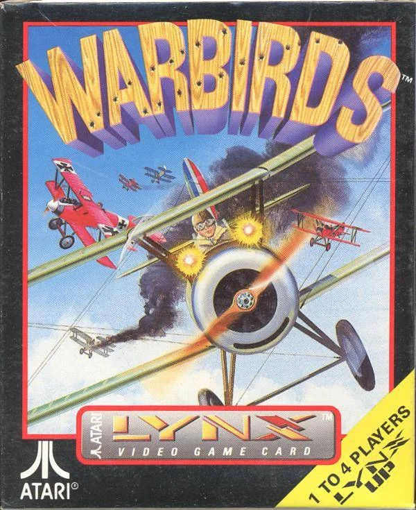 Frontal de la capsa nord-americana de Warbirds per a Atari Lynx, amb biplans en combat i la indicació d’un a quatre jugadors.