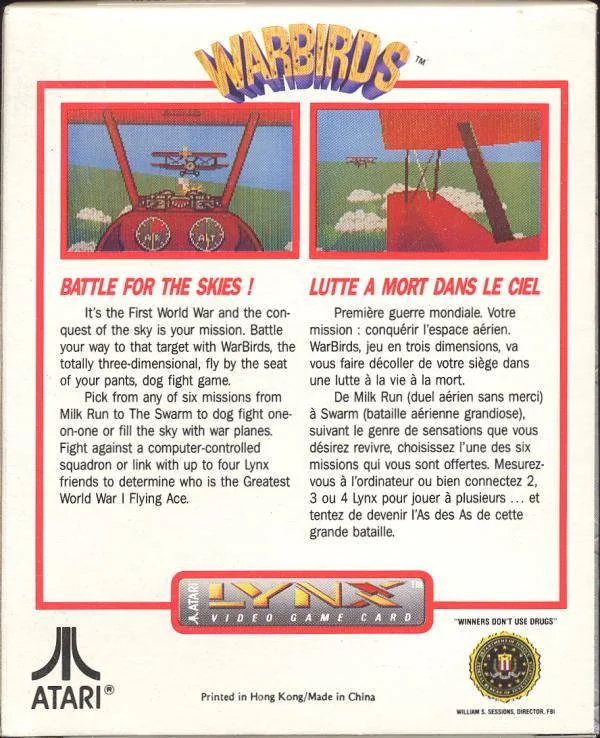 Revers de la capsa nord-americana de Warbirds per a Atari Lynx, amb dues captures i textos en anglès i francès.