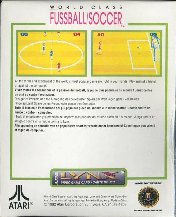 Contraportada de World Class Fussball/Soccer per a Atari Lynx amb dues captures i textos promocionals en diverses llengües.