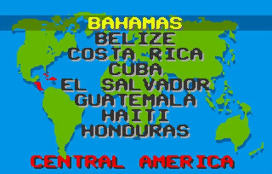 Mapa mundial amb Bahamas ressaltat en groc sobre una llista de països i l’etiqueta CENTRAL AMERICA.