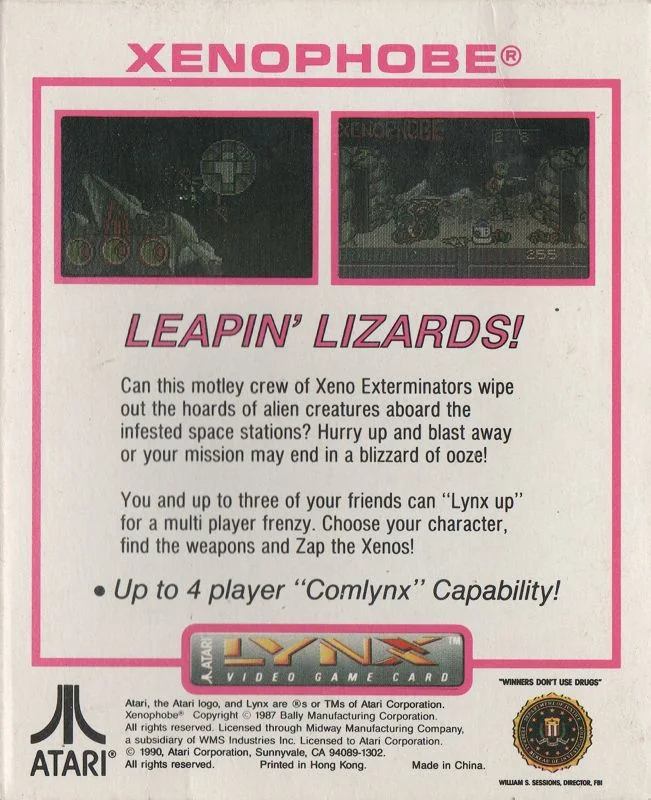 Revers de la capsa nord-americana de Xenophobe per a l’Atari Lynx, amb captures i text promocional.