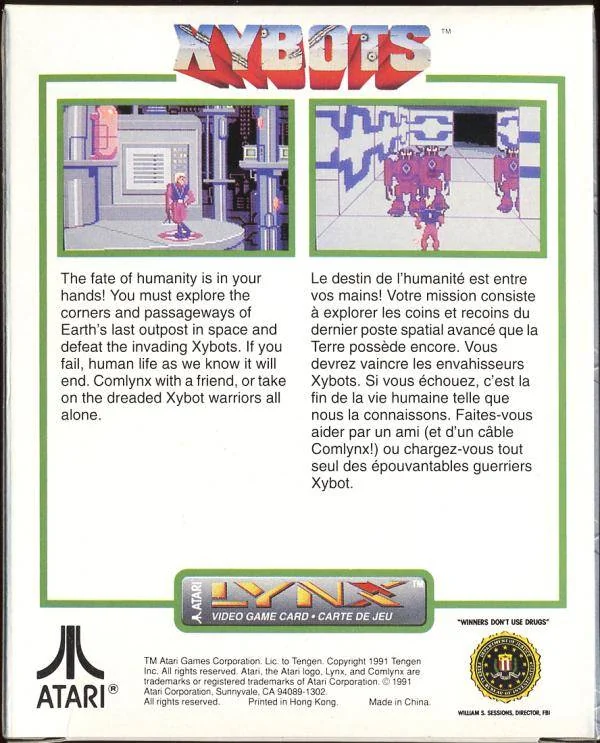 Revers nord-americà de Xybots per a l’Atari Lynx, amb dues captures i textos en anglès i francès.