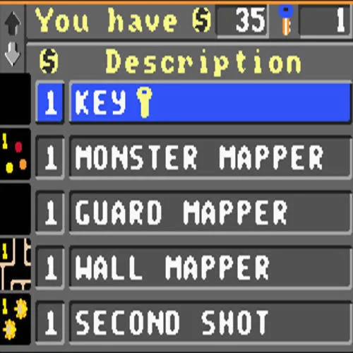 Menú de compres amb 35 monedes, una clau i les opcions KEY, MONSTER MAPPER, GUARD MAPPER, WALL MAPPER i SECOND SHOT.