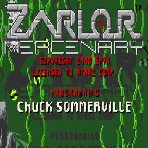 Pantalla de crèdits amb el logotip de Zarlor Mercenary i el nom del programador Chuck Sommerville sobre un fons verd.