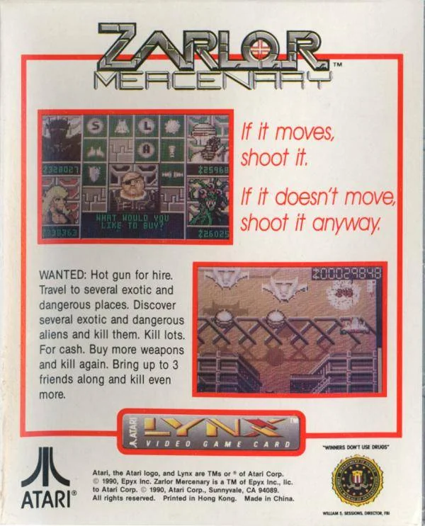 Revers de la capsa nord-americana de Zarlor Mercenary per a Atari Lynx, amb dues captures i text promocional en anglès.