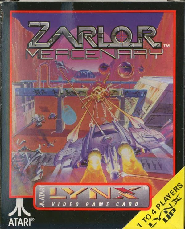 Frontal de la capsa nord-americana de Zarlor Mercenary, amb naus en combat, la marca Atari Lynx i la indicació d’un a quatre jugadors.