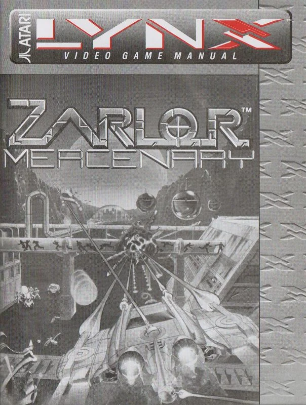 Portada del manual de Zarlor Mercenary per a Atari Lynx, amb una batalla de naus il·lustrada en escala de grisos.