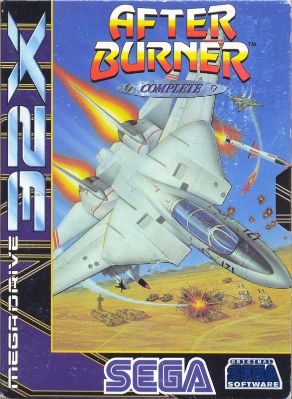 Portada europea d’After Burner Complete per a Sega 32X, amb un caça sobre una base en combat.