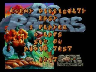 Menú d’opcions de BC Racers amb dificultat dels rivals, jugadors, voltes, música i efectes.