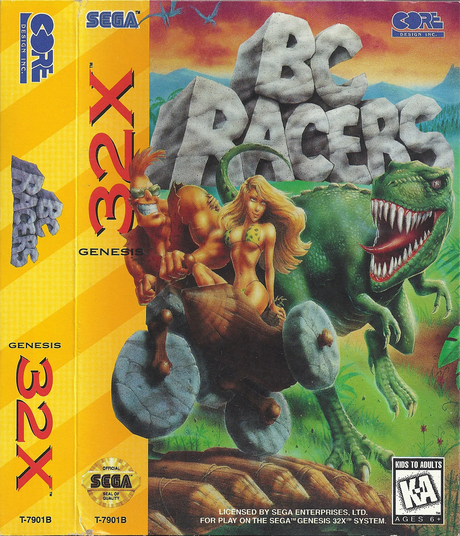 Portada nord-americana desplegada de BC Racers per a Sega 32X, amb dos motoristes prehistòrics i un dinosaure verd.