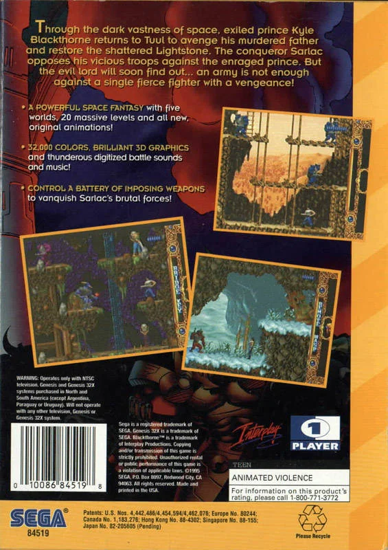Contraportada nord-americana de Blackthorne per a Sega 32X amb sinopsi i tres captures del joc.