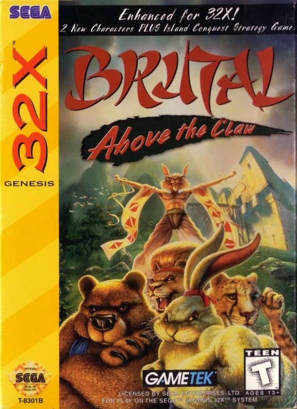 Portada nord-americana de Brutal: Above the Claw per a Sega 32X, amb diversos lluitadors animals davant d’un temple.