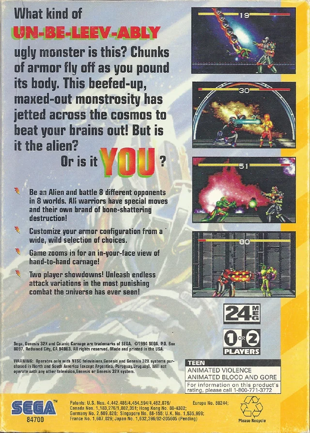 Contraportada nord-americana de Cosmic Carnage per a Sega 32X amb quatre captures de combat.