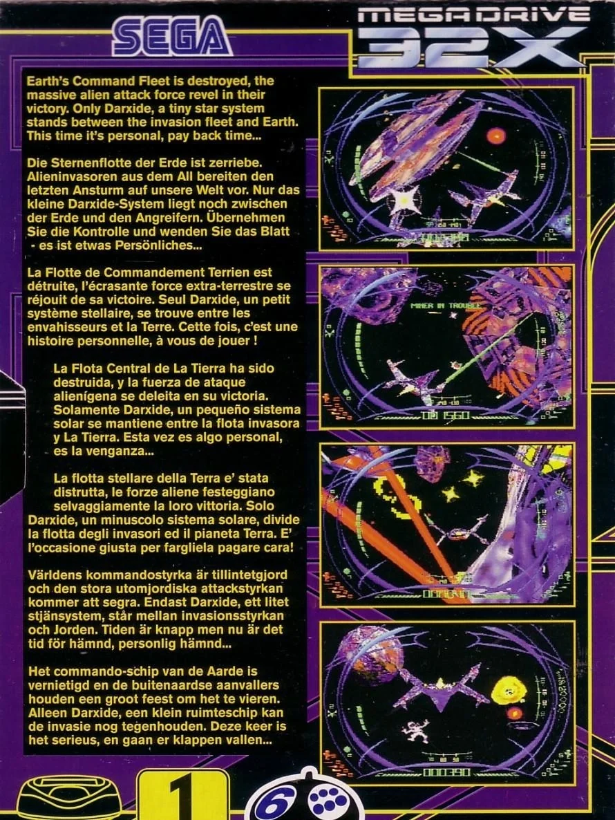 Contraportada europea de DarXide per a Sega 32X, amb textos multilingües i quatre captures.
