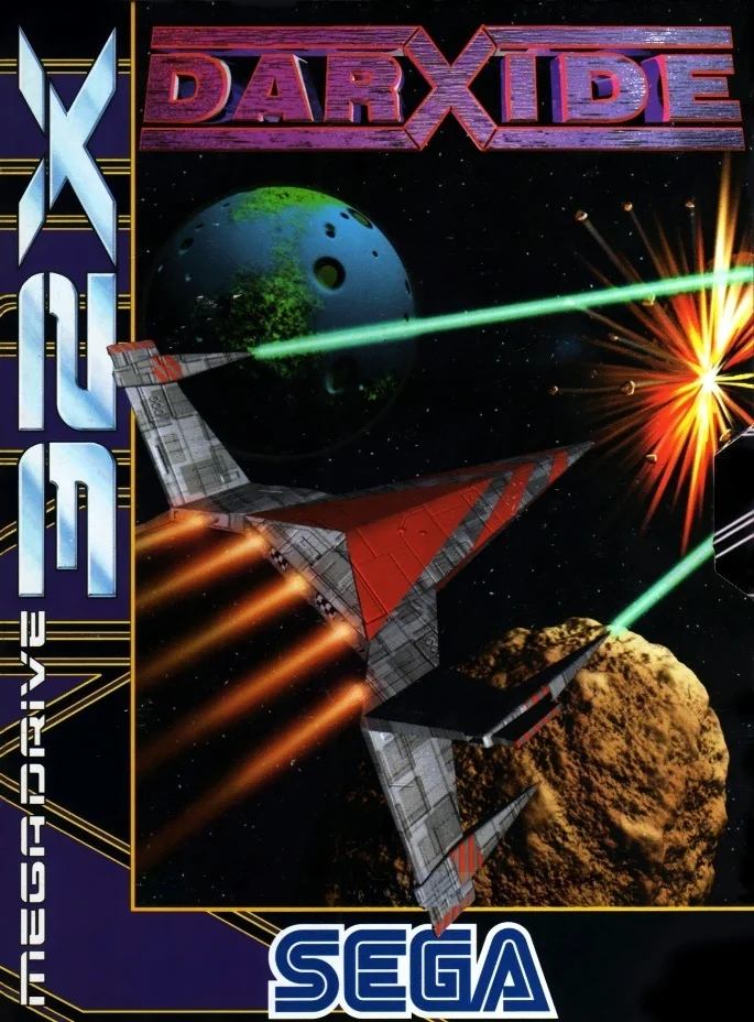 Portada europea de DarXide per a Sega 32X, amb una nau entre asteroides i feixos làser.