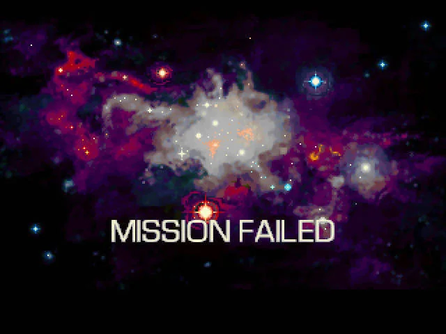 Pantalla de DarXide amb el missatge MISSION FAILED sobre una nebulosa acolorida.
