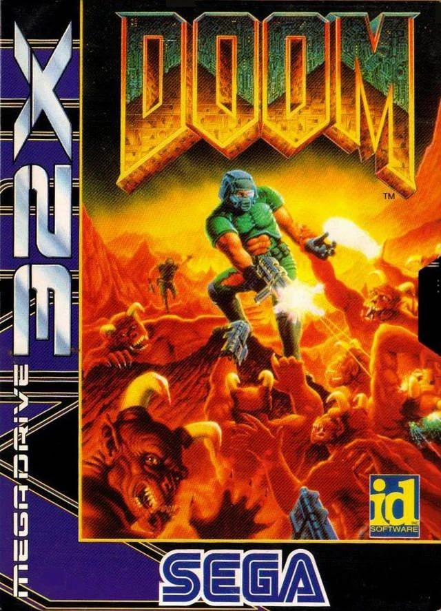 Portada europea de DOOM per a Sega 32X amb el soldat de marina envoltat de dimonis.
