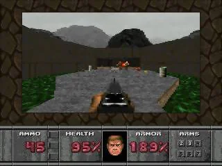 Combat amb escopeta en una passarel·la exterior de DOOM per a Sega 32X.