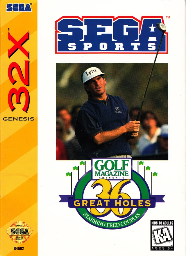Portada nord-americana de Golf Magazine Presents 36 Great Holes Starring Fred Couples per a Sega 32X, amb Fred Couples.