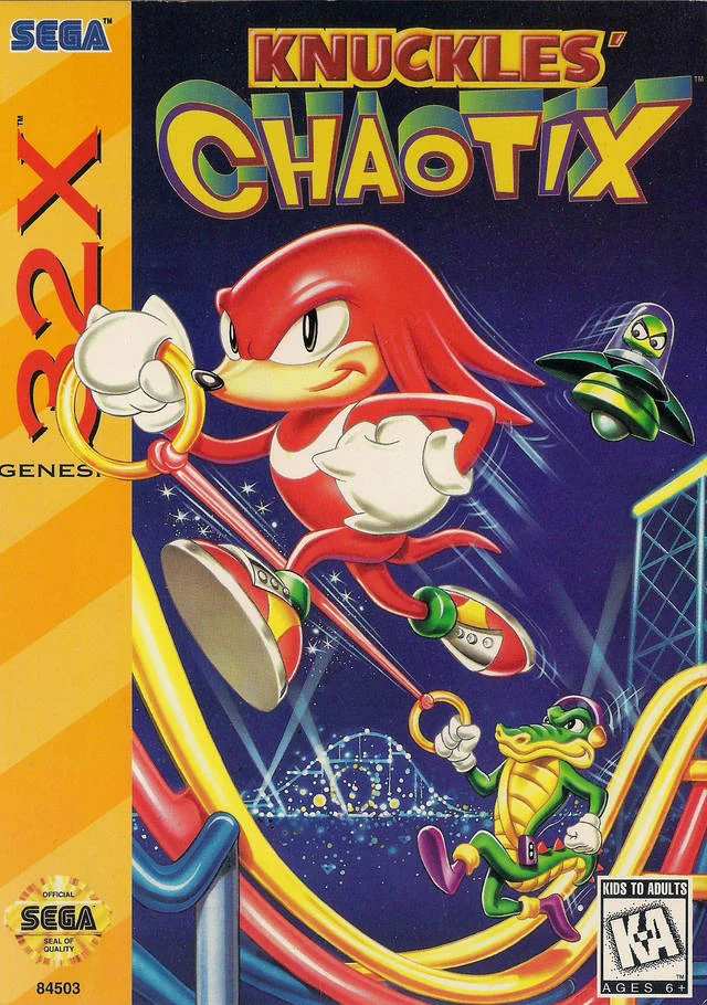 Portada nord-americana de Knuckles' Chaotix per a Sega 32X, amb Knuckles, Vector i Charmy en una muntanya russa.