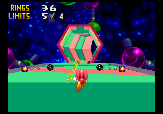 Knuckles corrent per una Special Stage tridimensional espacial cap a una estructura hexagonal.