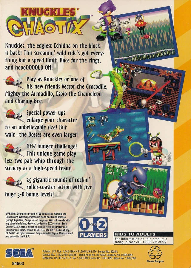 Contraportada nord-americana de Knuckles' Chaotix per a Sega 32X, amb text promocional, personatges i captures del joc.
