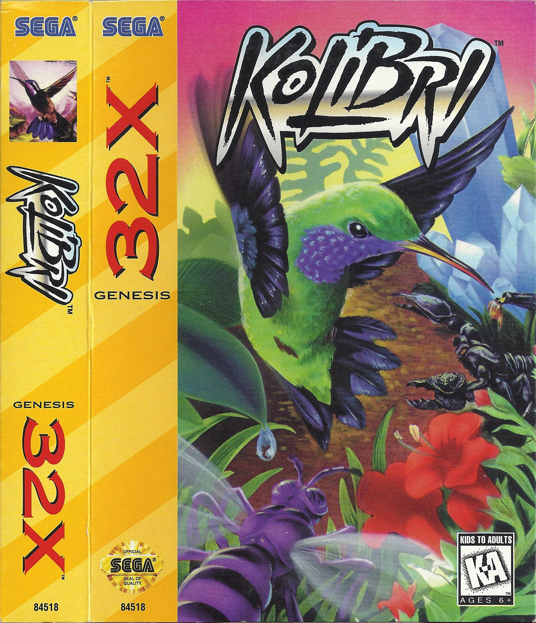 Portada nord-americana de Kolibri per a Sega 32X amb el colibrí volant entre flors, insectes i cristalls.