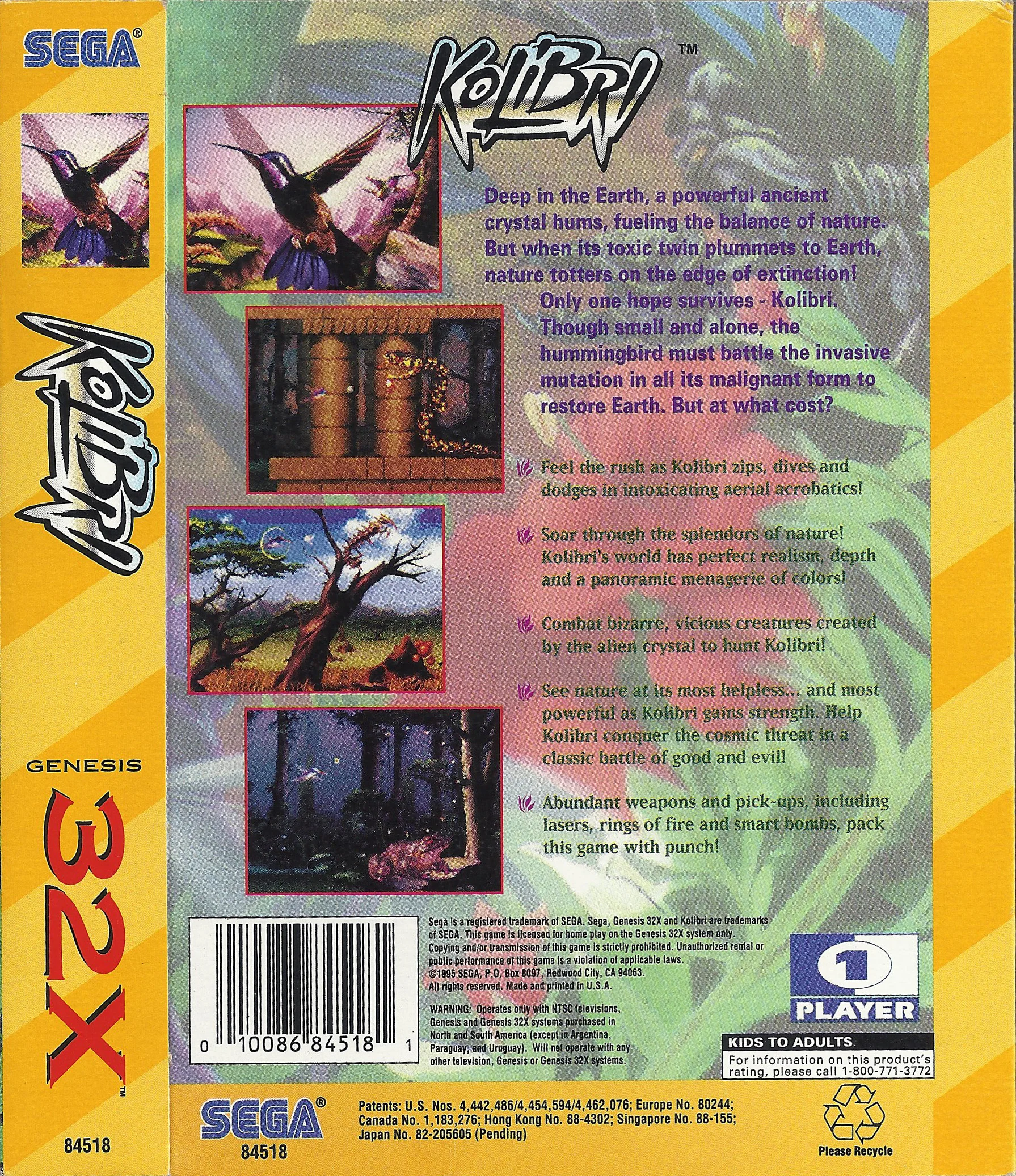 Contraportada nord-americana de Kolibri per a Sega 32X amb la sinopsi, quatre captures i les característiques del joc.