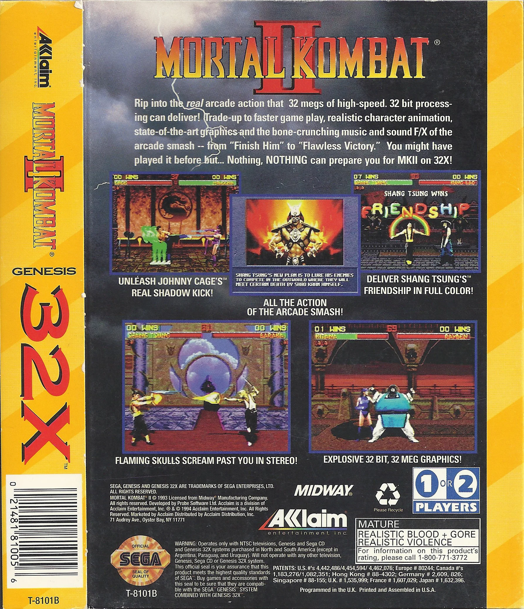 Contraportada nord-americana de Mortal Kombat II per a Sega 32X, amb text promocional i captures de combat.