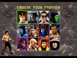 Graella de selecció de Mortal Kombat II per a Sega 32X amb dotze retrats i Liu Kang ressaltat.