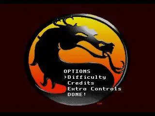 Menú d’opcions de Mortal Kombat II per a Sega 32X amb dificultat, continuacions i configuració del comandament.