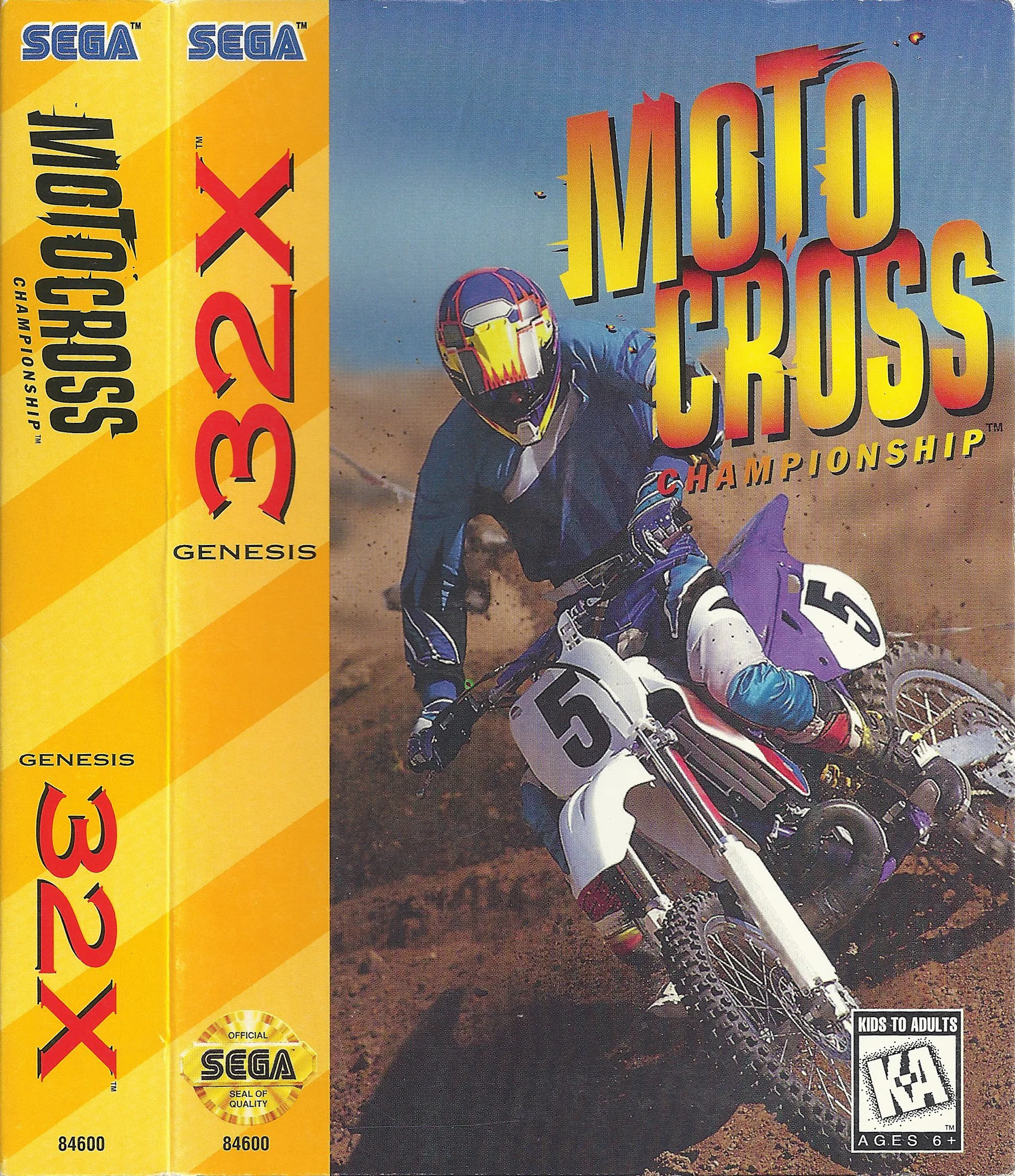 Portada nord-americana de Motocross Championship per a Genesis 32X, amb un pilot de motocròs aixecant terra.