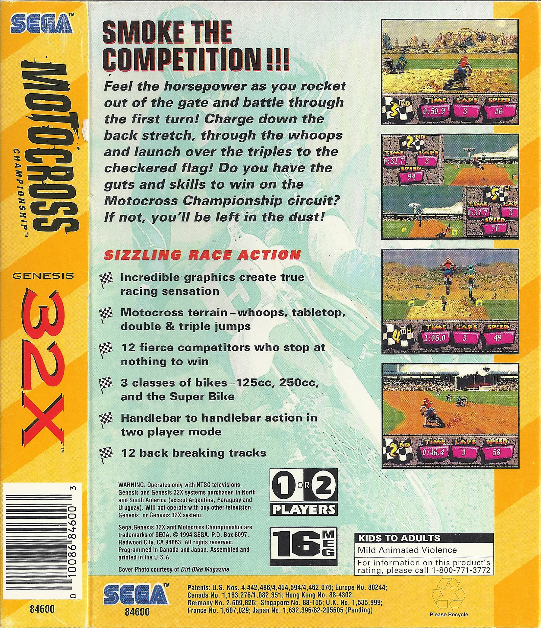 Contraportada nord-americana de Motocross Championship per a Genesis 32X, amb característiques i captures de curses.