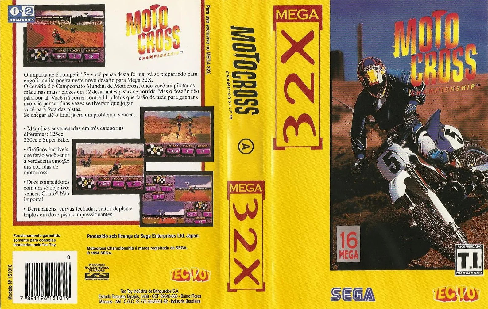 Coberta brasilera desplegada de Motocross Championship per a Mega 32X, amb textos en portuguès i logotips de Sega i Tec Toy.