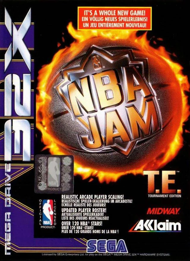 Portada europea de NBA Jam Tournament Edition per a Sega 32X, amb el logotip sobre una pilota de bàsquet en flames.