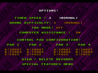 Pantalla d’opcions de NBA Jam Tournament Edition per a Sega 32X amb velocitat, dificultat, assistència i configuració de comandaments.