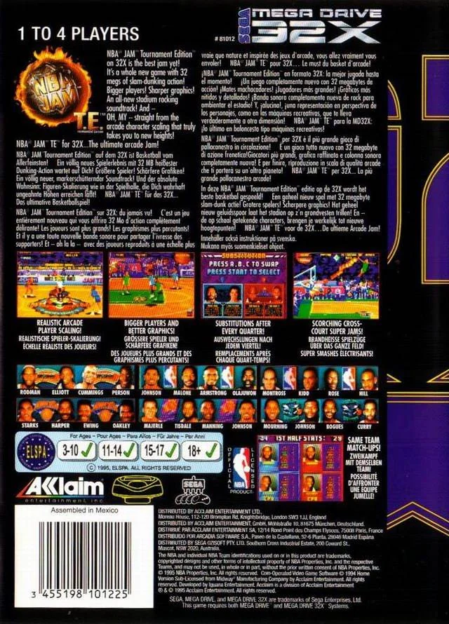 Contraportada europea de NBA Jam Tournament Edition per a Sega 32X, amb textos multilingües, captures i retrats de jugadors.