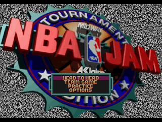 Menú principal de NBA Jam Tournament Edition per a Sega 32X amb Head to Head, Team Game, Practice i Options.