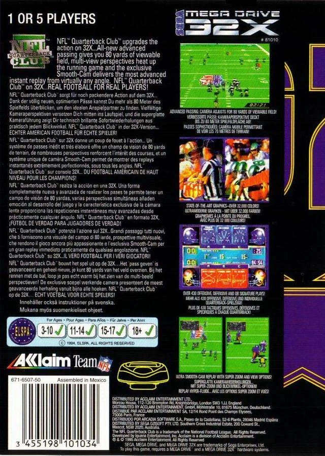 Contraportada europea de NFL Quarterback Club per a Sega 32X, amb text en diversos idiomes i quatre captures del joc.