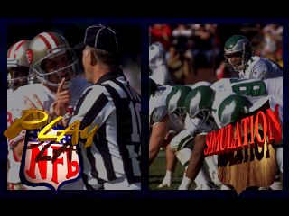 Pantalla que separa NFL Play i Simulation amb dues fotografies de futbol americà.
