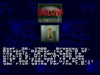 Pantalla informativa de Simulation amb la ronda 1 i una situació descrita abans d’un partit entre Seattle i Denver.