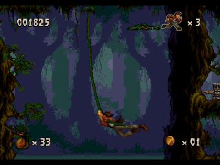 Harry Jr. balancejant-se en una liana sobre un barranc de la selva.