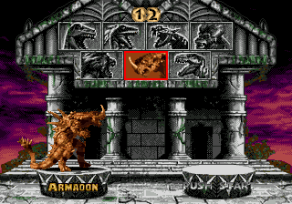 Pantalla de selecció de Primal Rage per a Sega 32X, amb Armadon i Blizzard davant d’un temple.