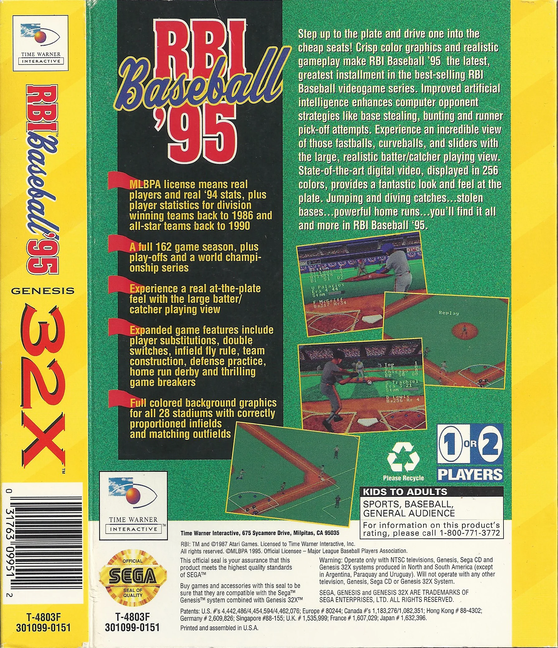 Contracoberta nord-americana de RBI Baseball '95 per a Sega 32X, amb text promocional i captures del joc.