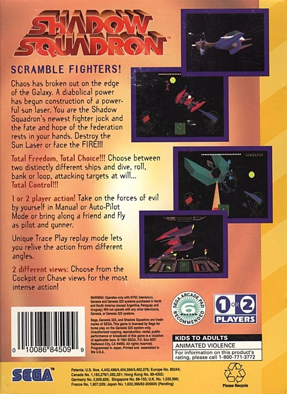 Contracoberta nord-americana de Shadow Squadron per a Sega 32X, amb quatre captures de joc i la indicació d’un o dos jugadors.